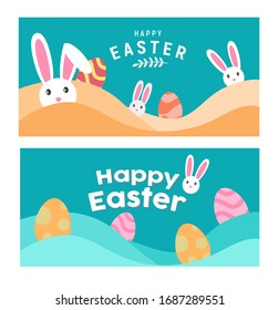 Bundle Happy easter with white rabbit, egg and lettering. creative design for banner, Greeting card, or social media post.