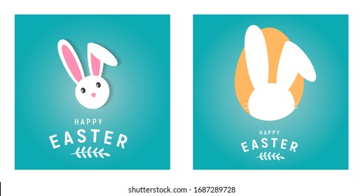 Bundle Happy easter with white rabbit, egg and lettering. creative design for banner, Greeting card, or social media post.