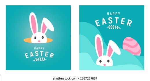 Bundle Happy easter with white rabbit, egg and lettering. creative design for banner, Greeting card, or social media post.