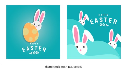 Bundle Happy easter with white rabbit, egg and lettering. creative design for banner, Greeting card, or social media post.