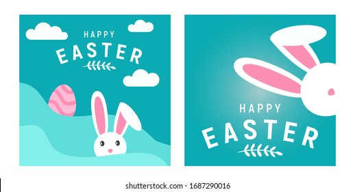 Bundle Happy easter with white rabbit, egg and lettering. creative design for banner, Greeting card, or social media post.