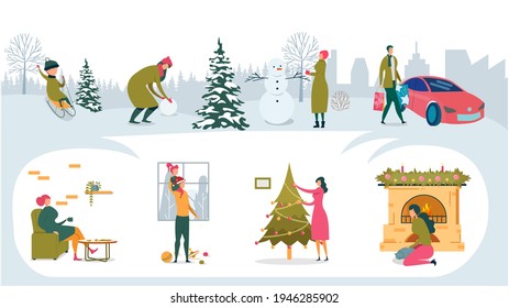 Bundle Happy Family Pastime Home and Outdoors. Boy Sledding. Girl Making Snowman. Man Carries Packages. Woman Sitting in Chair. Dad, Daughter Play. Mom Decorates Christmas Tree. Girl Stroking Cat