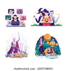 Bundle Of Happy Halloween (trick Or Treat) Family And Night Party Celebration. Vector Illustration Halloween Decorated In Home And Cosplay Funny Family.