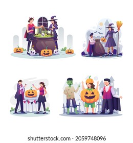 Bundle Of Happy Halloween (trick Or Treat) Family And Night Party Celebration. Vector Illustration Halloween Decorated In Home And Cosplay Funny Family.