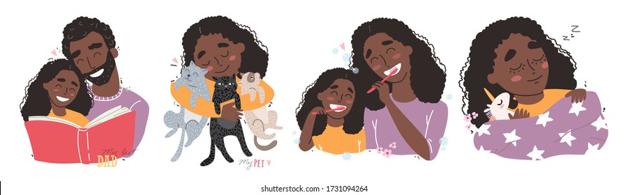 Bundle of happy loving black african american family scenes. Mother and father educating and teaching their kid. Flat vector illustration.