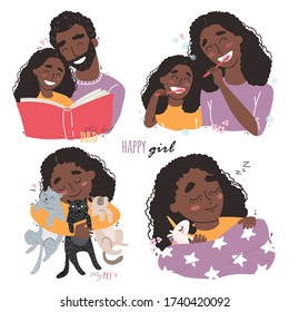 Bundle of happy loving black african american family scenes. Mother and father educating and teaching their kid. Flat vector illustration.