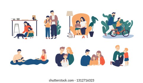 Bundle of happy loving family scenes. Good parenting and nurturing. Care, trust and support between parents and children. Mother and father educating and teaching their kid. Flat vector illustration.