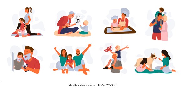 Bundle of happy loving family scenes. Good parenting and nurturing. Care, trust and support between parents and children. Mother and father educating and teaching their kid. Flat vector illustration