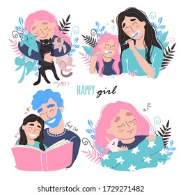 Bundle of happy loving family scenes. Mother and father educating and teaching their kid. Flat vector illustration.