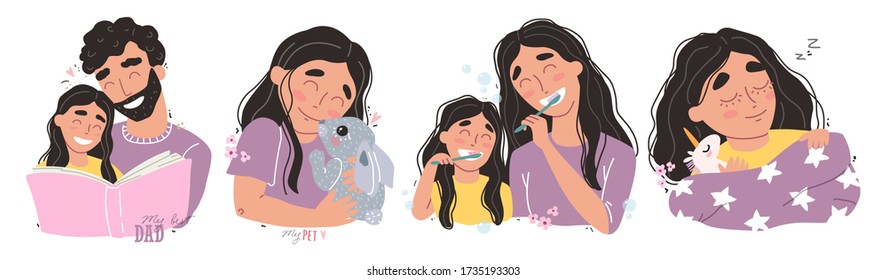 Bundle of happy loving family scenes. Mother and father educating and teaching their kid. Flat vector illustration.