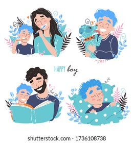 Bundle of happy loving family scenes. Mother and father educating and teaching their kid. Flat vector illustration. Happy chidhood concept.