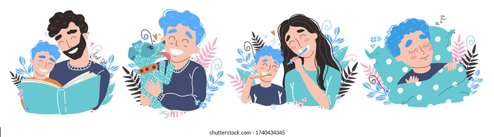 Bundle of happy loving family scenes. Mother and father educating and teaching their kid. Flat vector illustration. Happy chidhood concept.