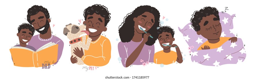 Bundle of happy loving family scenes. Mother and father educating and teaching their kid. Flat vector illustration. Happy chidhood concept.