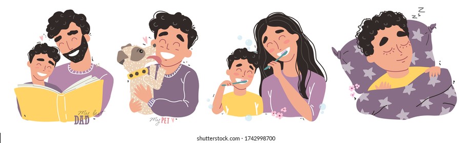 Bundle of happy loving family scenes. Mother and father educating and teaching their kid. Flat vector illustration. Happy chidhood concept.