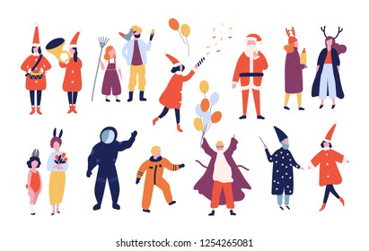 Bundle of happy men and women dressed in different festive costumes for holiday masquerade, holiday carnival, Christmas party isolated on white background. Vector illustration in flat cartoon style.