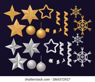 conglomerado de alegres decoraciones de oro y plata de año nuevo diseño vectorial