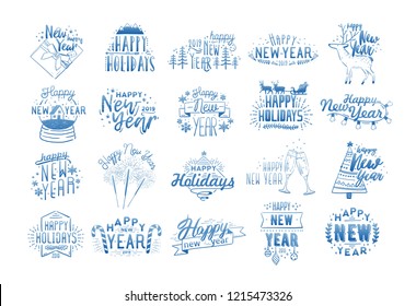 Bundle of Happy New Year lettering written with calligraphic fonts and decorated with holiday elements - baubles, sparklers, clinking glasses, gift, snow globe. Monochrome vector illustration.