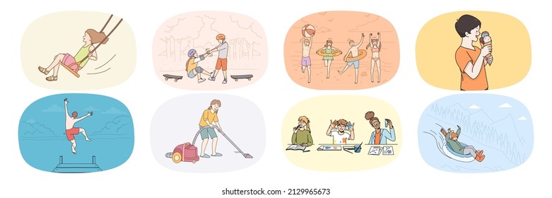 Bundle of happy small children enjoy careless childhood eating ice-cream and playing with friends. Set of smiling kids have fun relax involved in daily activities. Childcare. Vector illustration. 