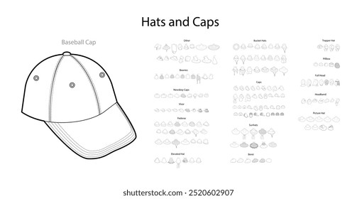 Pacote de chapéus em diferentes estilos com texto de nome - Fedora Picture Beanies, Sunhats Beret Bucket Visor. Cabeça Moda capa de acessório ilustração técnica. Vetor para homens, mulheres, estilo, modelo plano