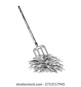 A bundle of hay with a pitchfork. Black and white vector illustration drawn by hand. Hay harvesting. Animal feed. For farm projects, packaging, labels, and more.