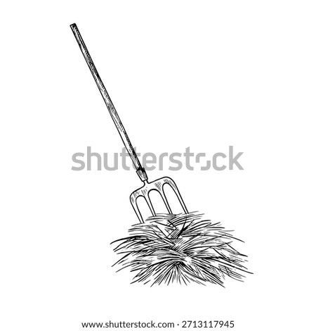 A bundle of hay with a pitchfork. Black and white vector illustration drawn by hand. Hay harvesting. Animal feed. For farm projects, packaging, labels, and more.