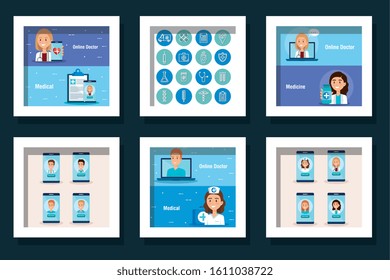 bundle of healthcare medical with doctors and icons vector illustration design