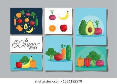 bundle of healthy food six design set vector illustration