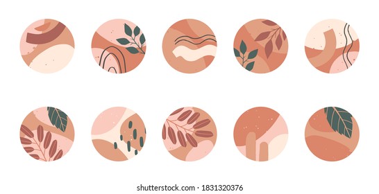 Bundle of highlights insta covers.Modern vector layouts with hand drawn organic shapes,plant and textures in autumn style.Abstract backgrounds.Trendy design for social media marketing.