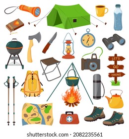 Bundle hiking. Big set of items for camping, trekking, tourism and travel. Tourist camp tools.