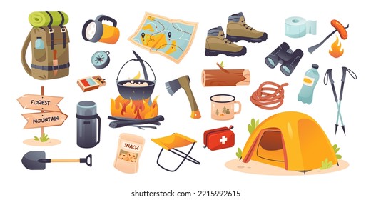 Bundle hiking collection. Hiking camping items. Hiking, сamping. Cartoon vector illustration