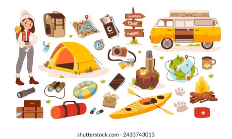 Bundle hiking collection. Hiking camping items. Tourist with backpack and travel items. Cartoon vector illustration