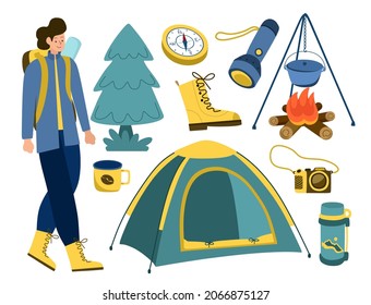 Bundle hiking. A man with a backpack is going on a hike, a campfire, a tent, a flashlight, a compass, a camera, a thermos, a mug, a boot.