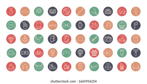conjunto de iconos de conjuntos de estilos hipster diseño de ilustración vectorial
