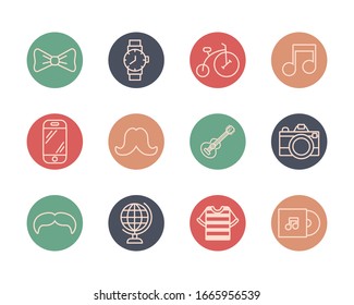 conjunto de iconos de conjuntos de estilos hipster diseño de ilustración vectorial