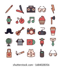 conjunto de iconos de conjuntos de estilos hipster diseño de ilustración vectorial