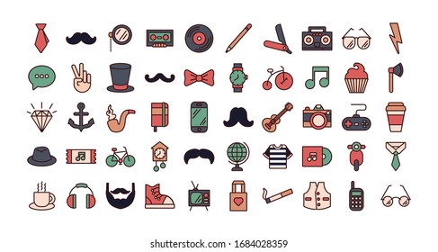 conjunto de iconos de conjuntos de estilos hipster diseño de ilustración vectorial