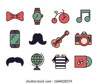 conjunto de iconos de conjuntos de estilos hipster diseño de ilustración vectorial