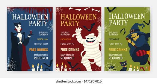 Bundle holiday flyer or poster templates with Halloween characters - vampire drinking blood, mummy, witch and cat. Vector illustration for party announcement, holiday event advertisement or promo.