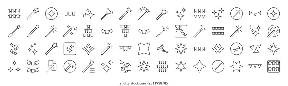 Bundle of Holiday Related Line Icons. Editable Stroke for Design, Web Sites, Apps, Cards. Contains Linear Images of Magic Wand, Garlands, Sparkles