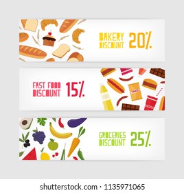 Bundle of horizontal banner templates with bakery, fast food or snacks and grocery products discount on white background. Colorful vector illustration for store sale promotion, advertisement