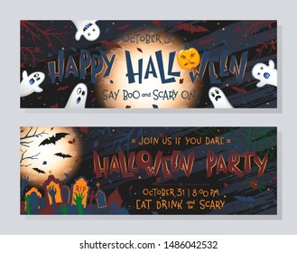 Bundle of horizontal Halloween banners with pumpkins,ghosts,graveyard,full moon,dead trees and bats.Halloween party design for prints,flyers, invitations,greetings.Vector Halloween illustrations.