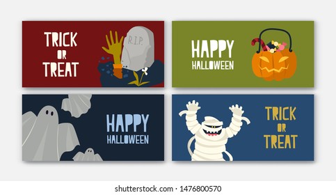 Bundle of horizontal holiday web banner templates with Halloween characters - mummy, Jack-o'-lantern with candies, ghost. Flat cartoon vector illustration for festive celebration, promotion.