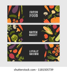 Bundle of horizontal web banner templates with tasty locally grown vegetables and place for text on black background. Vector illustration for fresh food, vegetarian festival, farm market promotion.