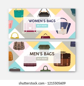 Bundle of horizontal web banner templates with men's and women's bags and handbags. Bright colored flat vector illustration for fashionable accessories store or luxury boutique promotion, advertising.