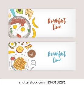 Bundle of horizontal web banner templates with delicious wholesome breakfast meals and morning food - fried eggs, toasts, wafers, fruits. Hand drawn vector illustration for cafe or restaurant promo