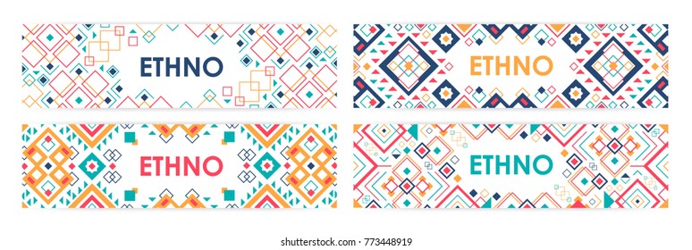 Bundle of horizontal web banners decorated with traditional American Indian ornaments or trendy geometric patterns in ethnic style. Vector illustration with bright colored decorative tribal motifs.