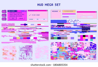 Bundle of HUD elements and glitch overlays. Computer screen error, digital pixel noise design.