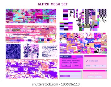 Bundle of HUD elements and glitch overlays. Computer screen error, digital pixel noise design.