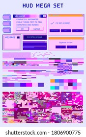 Bundle of HUD elements and glitch overlays. Computer screen error, digital pixel noise design.