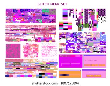 Bundle of HUD elements and glitch overlays. Computer screen error, digital pixel noise design.